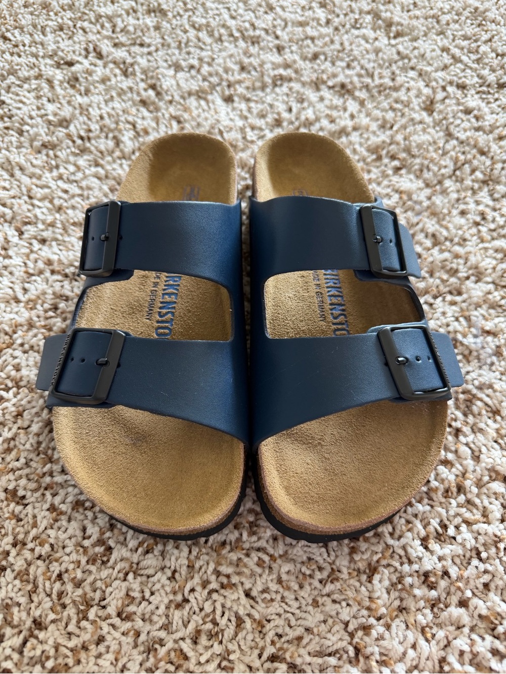 Birkenstock Women Two Buckle Arizona Sandals Navy Blue Size 38 US 7 Soft Footbed